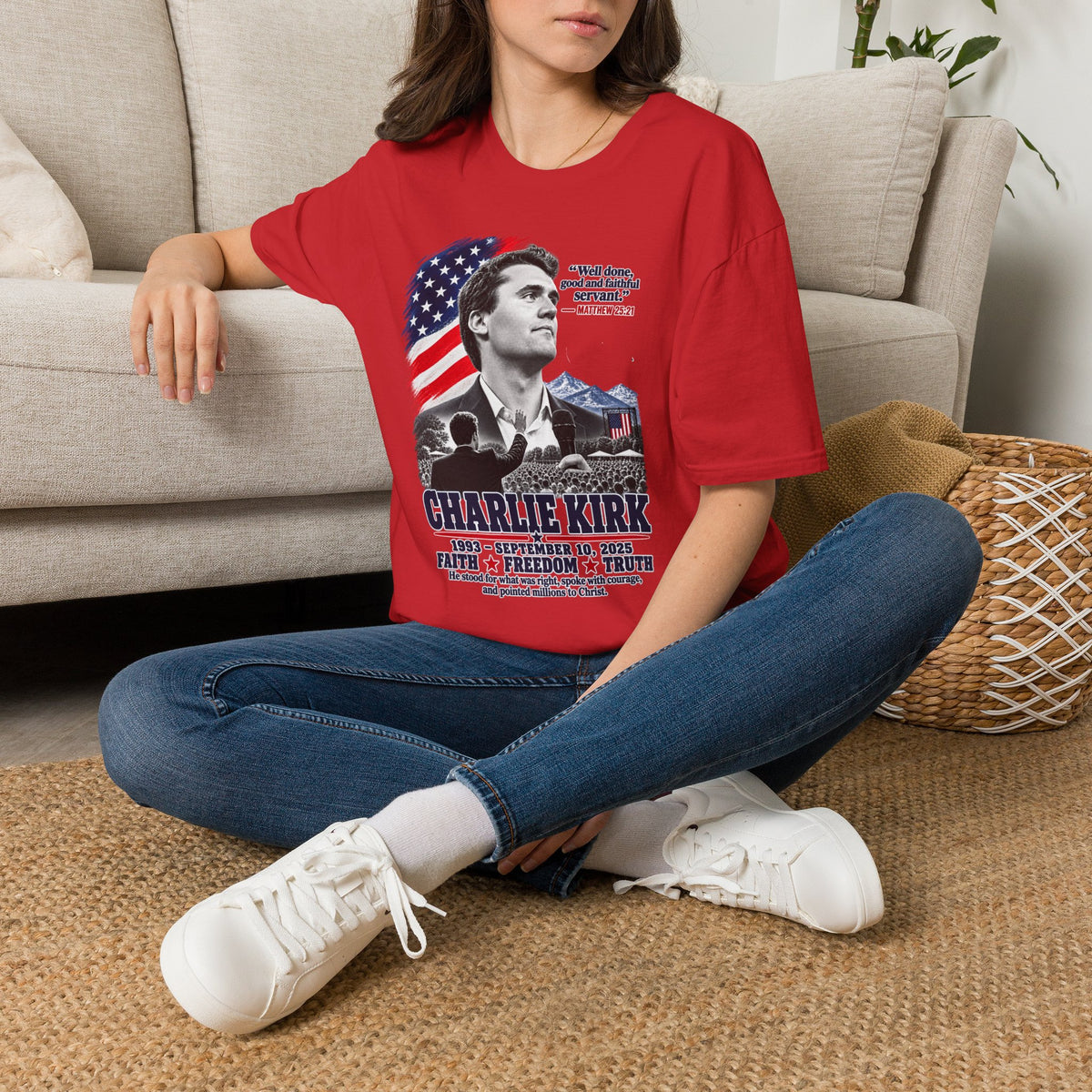 Charlie Kirk Tribute T-Shirt — "Well done, good and faithful servant" Matthew 25:21