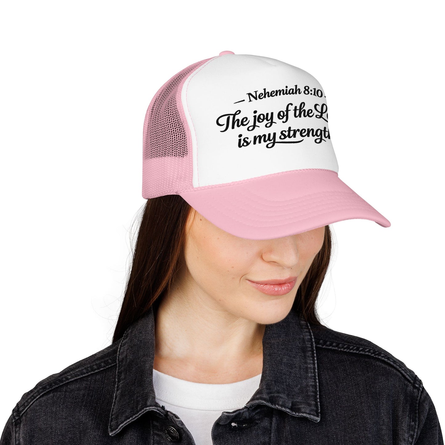 Nehemiah 8:10 Trucker Hat — “The Joy of the Lord Is My Strength” Christian Foam Cap