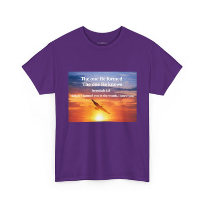 Christian Sunset T-Shirt — "Before I Formed You I Knew You" Scripture Tee
