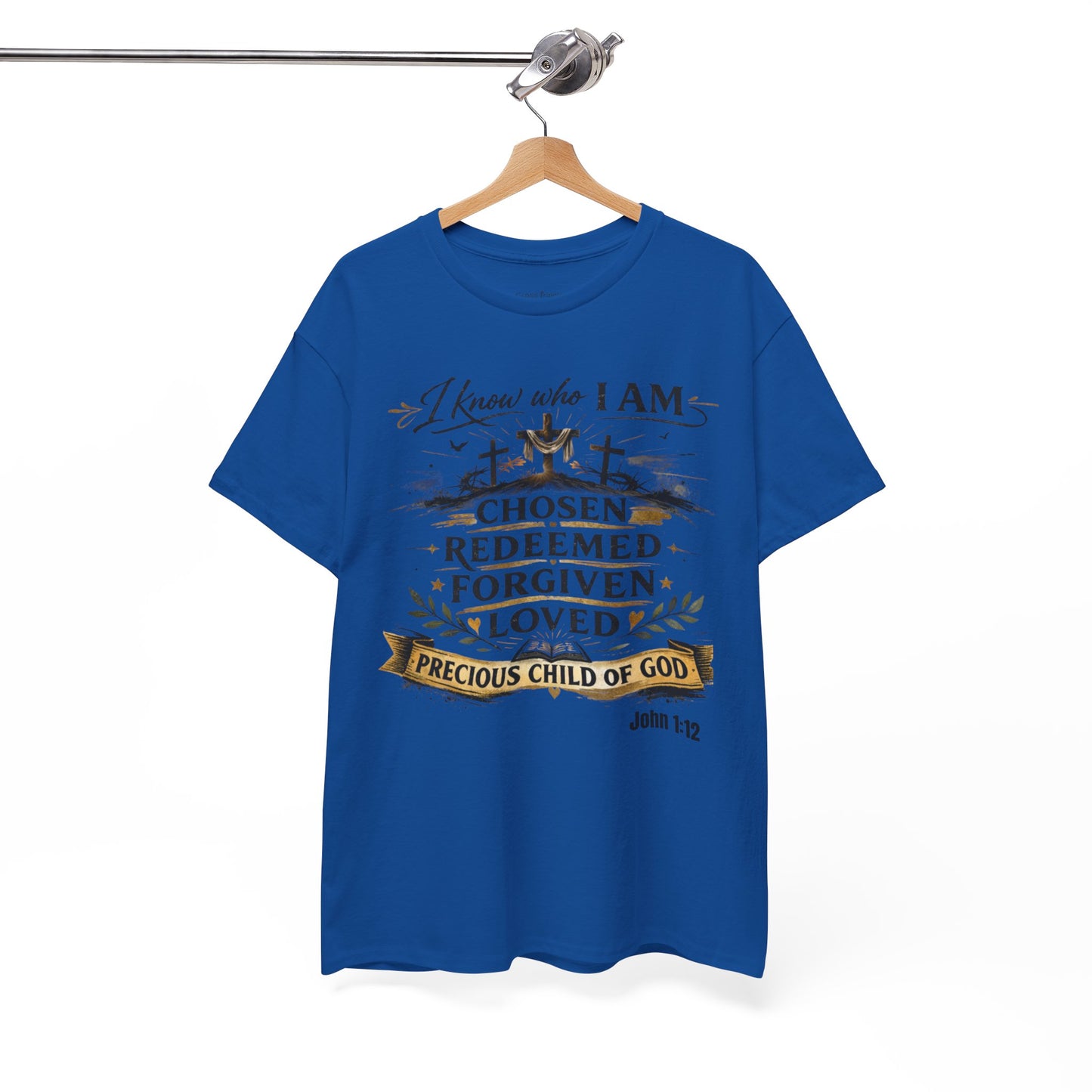 Christian Tee – "I Know Who I Am: Chosen, Redeemed, Forgiven, Loved" Spiritual Faith T-Shirt