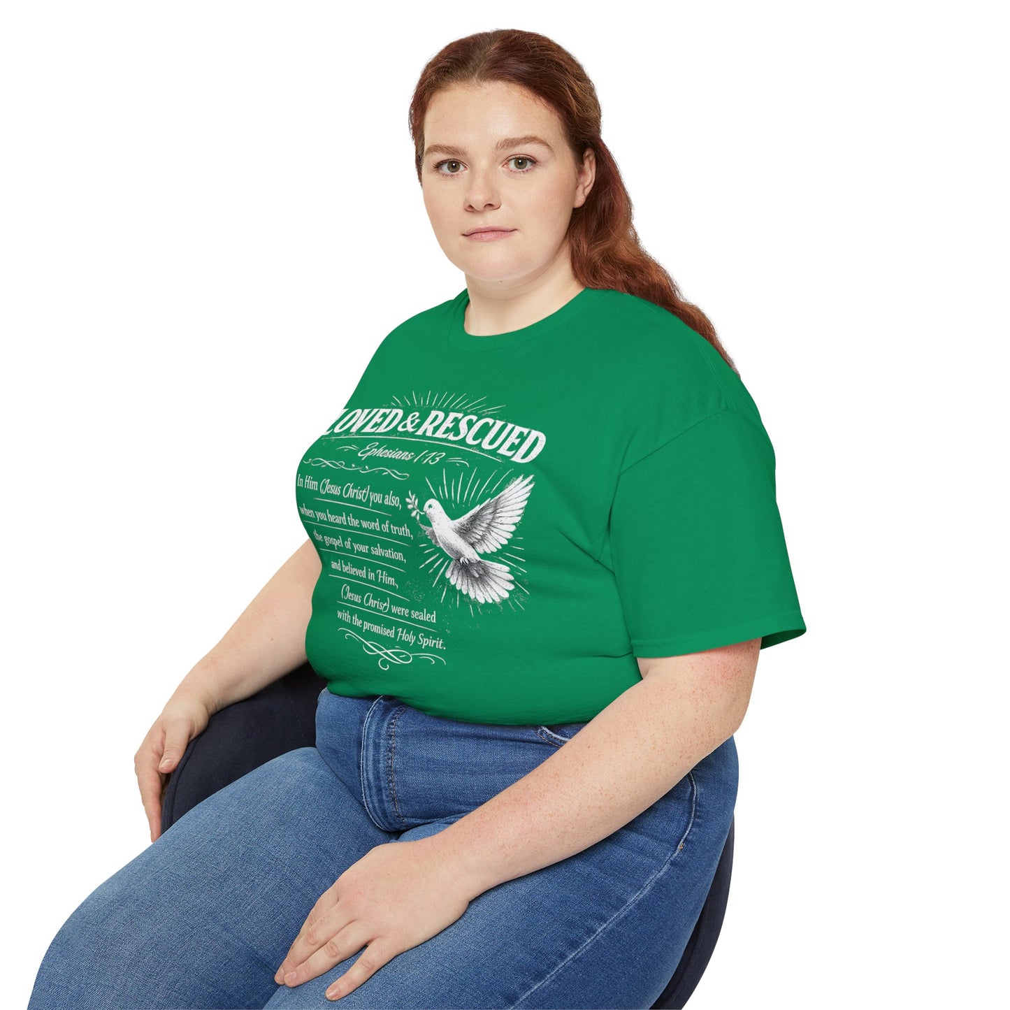 Loved & Rescued Tee — Ephesians 1:13 Christian Dove T‑Shirt