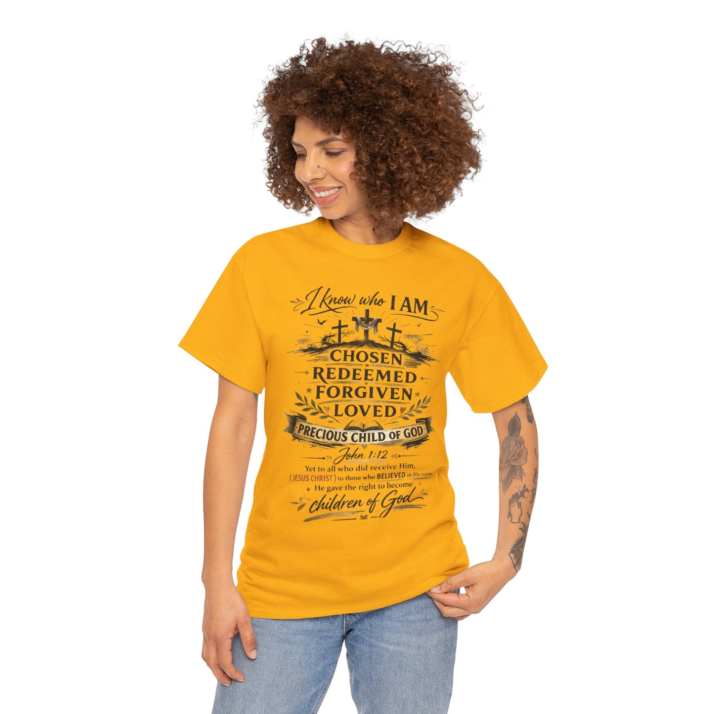 Christian Faith T-Shirt – “I Know Who I Am” Chosen, Redeemed, Forgiven Design