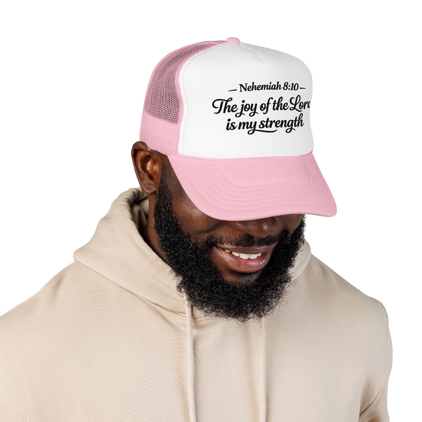 Nehemiah 8:10 Trucker Hat — “The Joy of the Lord Is My Strength” Christian Foam Cap