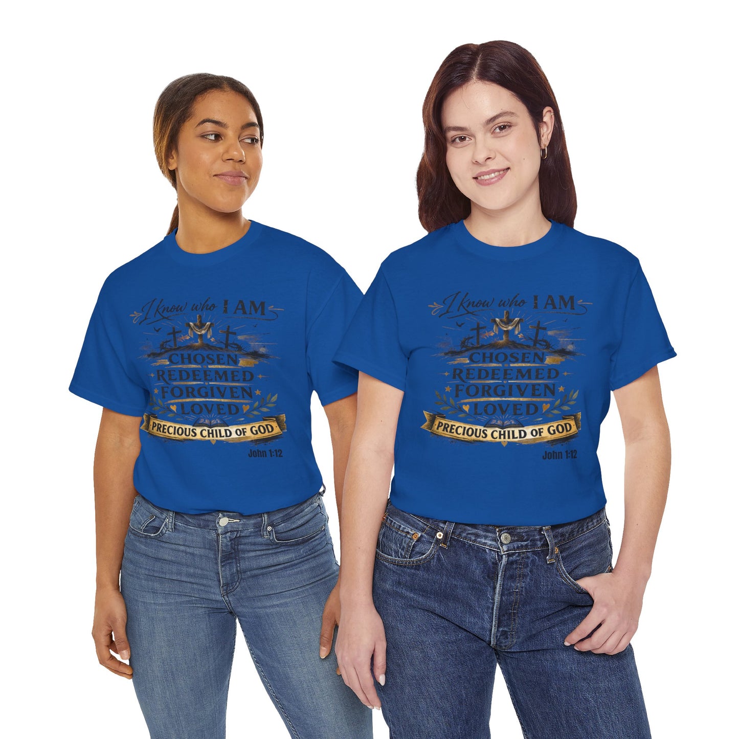 Christian Tee – "I Know Who I Am: Chosen, Redeemed, Forgiven, Loved" Spiritual Faith T-Shirt