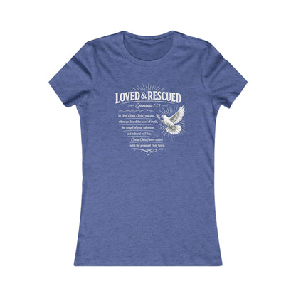 Loved & Rescued Women’s Tee — Inspirational Christian Dove Shirt (Romans 5:8)