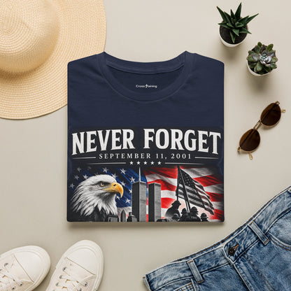 Never Forget 9/11 Memorial T-Shirt — American Flag & Eagle Tribute