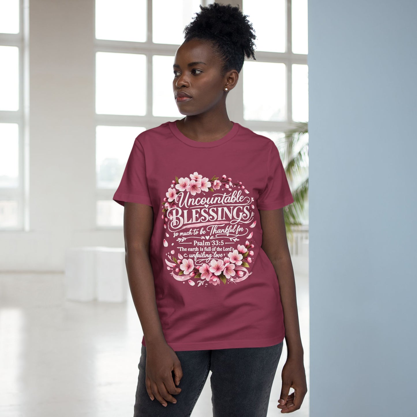 Uncountable Blessings Women’s Tee – Floral Psalm 33:5 Inspirational Shirt