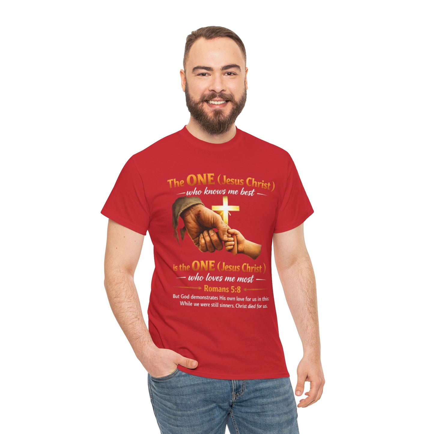 Christian T-Shirt — "The ONE (Jesus Christ)" Cross & Romans 5:8 Inspirational Tee