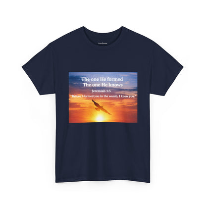 Christian Sunset T-Shirt — "Before I Formed You I Knew You" Scripture Tee