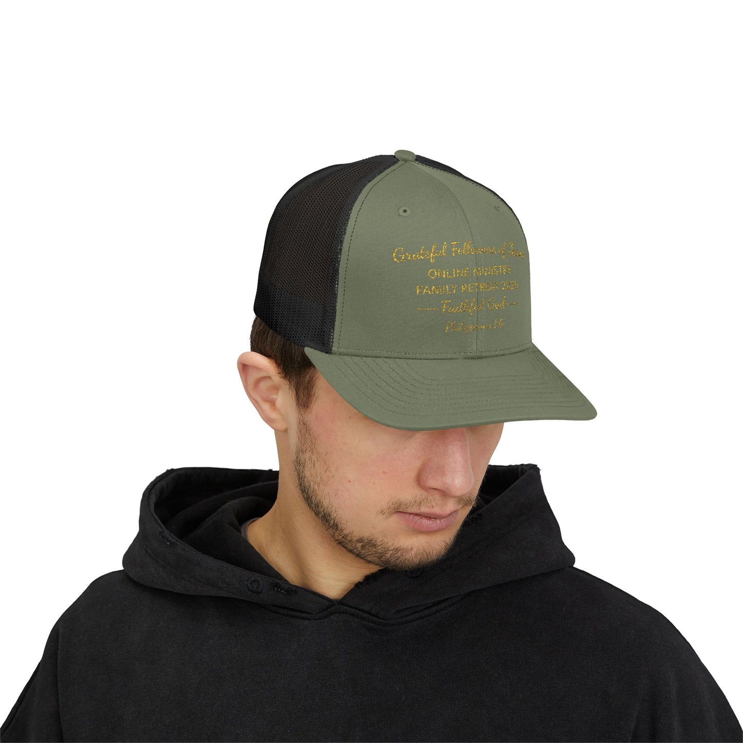Embroidered Faith Retreat Trucker Cap — 'Faithful God' Family Ministry Snapback