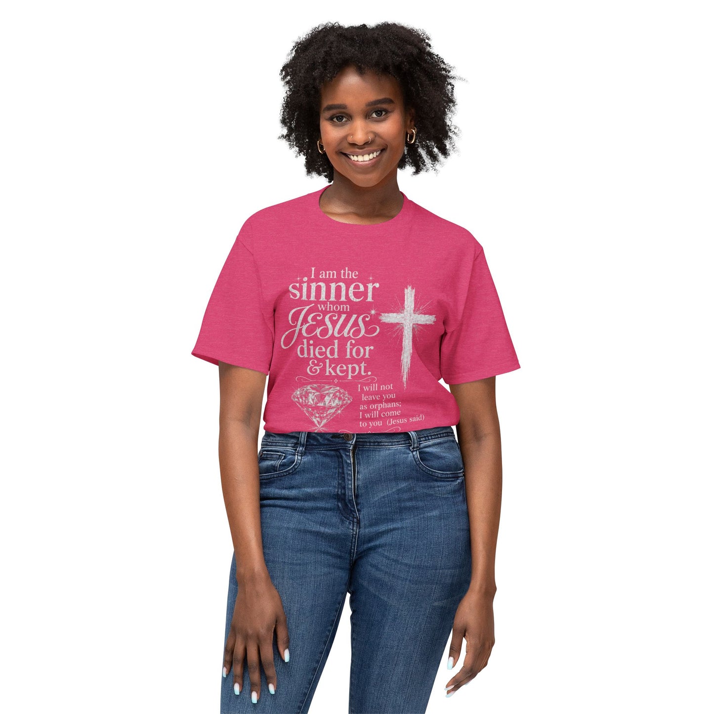 Christian Faith T-Shirt — "I am the sinner whom Jesus died for & kept" Pink Tee
