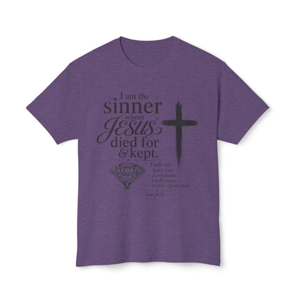 Christian Faith T-Shirt — "I am the sinner whom Jesus died for & kept" Pink Tee