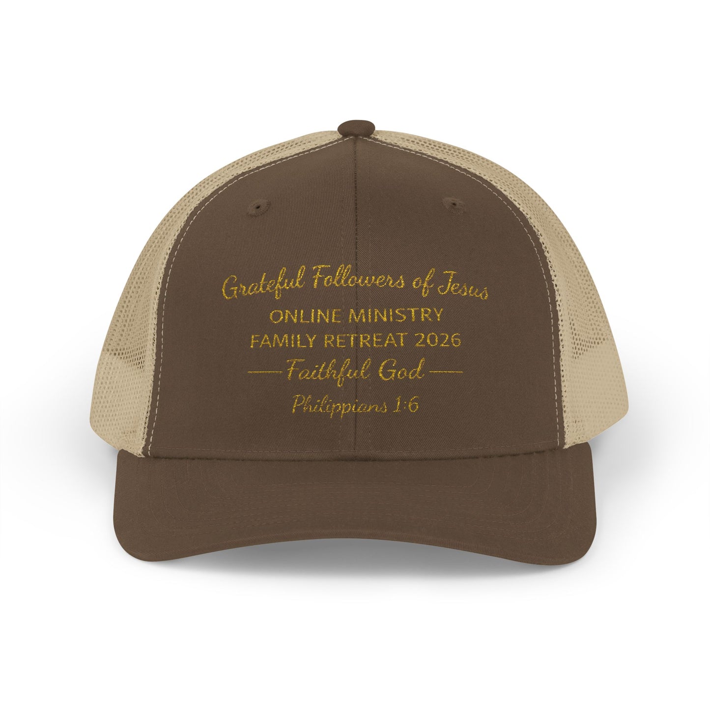 Embroidered Faith Retreat Trucker Cap — 'Faithful God' Family Ministry Snapback