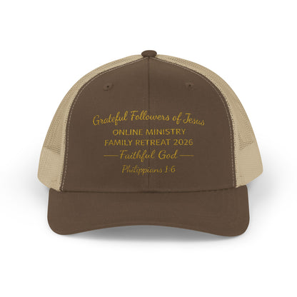 Embroidered Faith Retreat Trucker Cap — 'Faithful God' Family Ministry Snapback