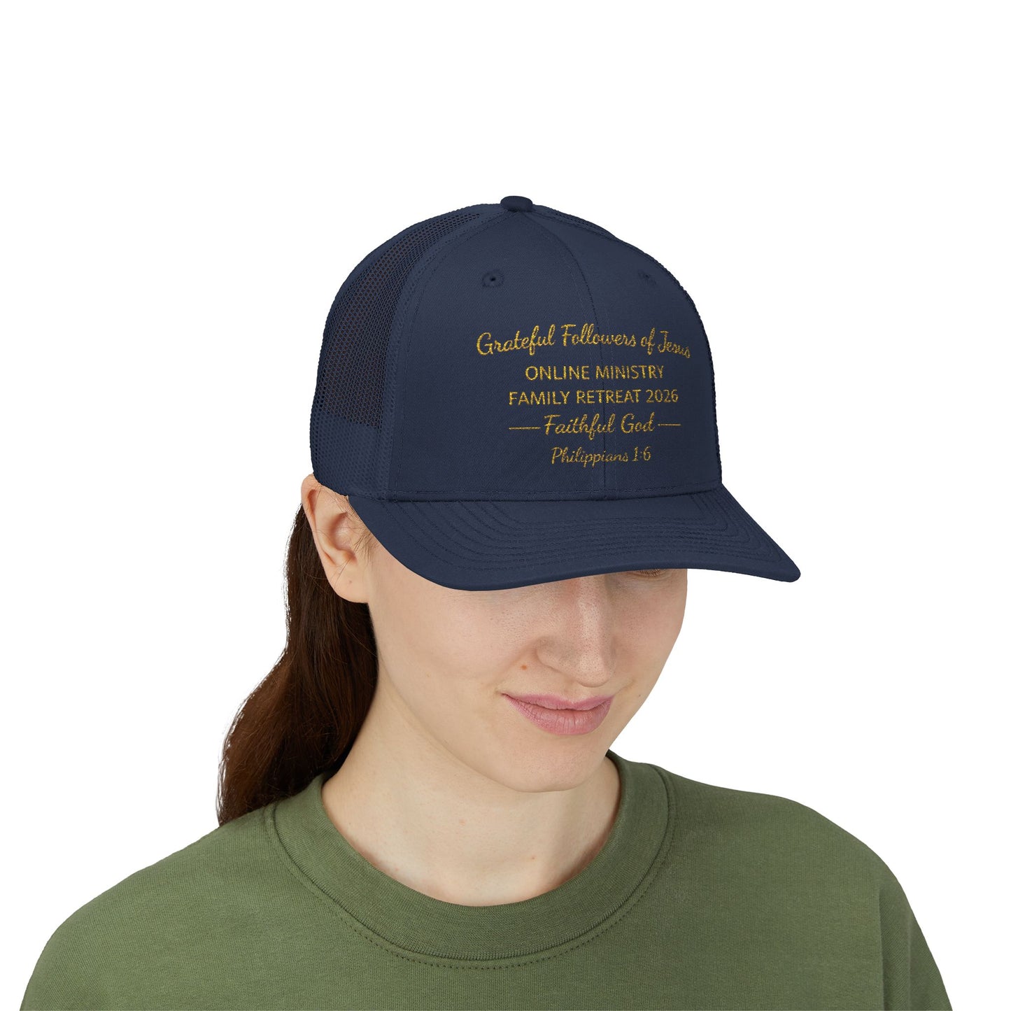 Embroidered Faith Retreat Trucker Cap — 'Faithful God' Family Ministry Snapback