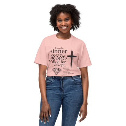 Christian Faith T-Shirt — "I am the sinner whom Jesus died for & kept" Pink Tee