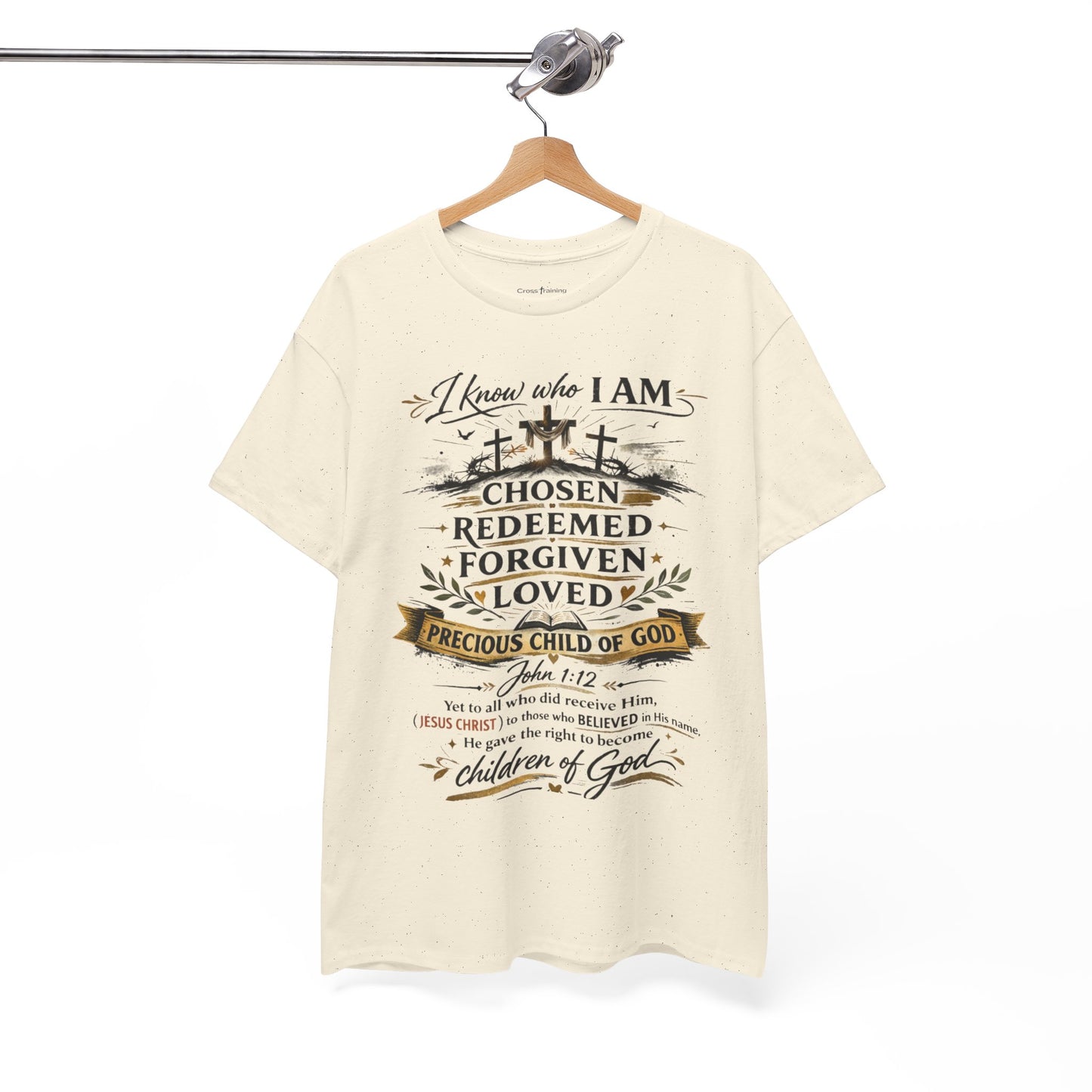 Christian Faith T-Shirt – “I Know Who I Am” Chosen, Redeemed, Forgiven Design