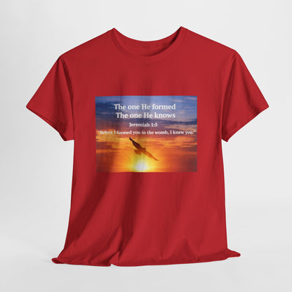 Christian Sunset T-Shirt — "Before I Formed You I Knew You" Scripture Tee