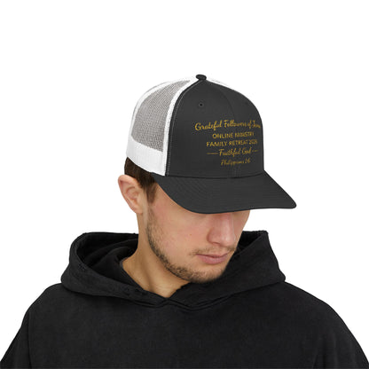 Embroidered Faith Retreat Trucker Cap — 'Faithful God' Family Ministry Snapback