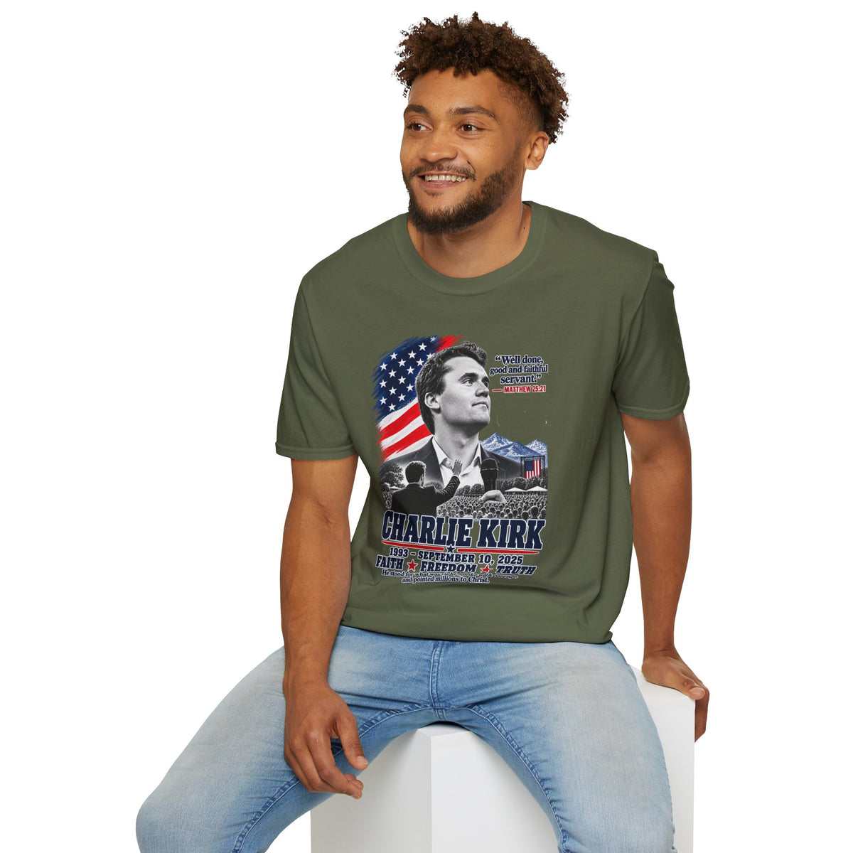 Charlie Kirk Tribute T-Shirt — "Well done, good and faithful servant" Matthew 25:21