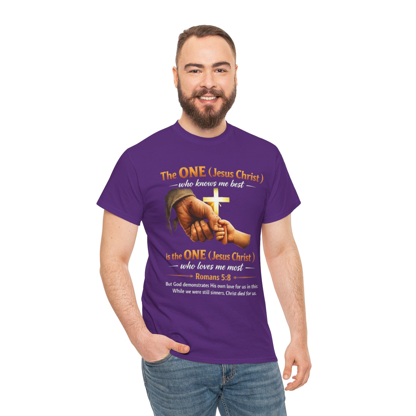 Christian T-Shirt — "The ONE (Jesus Christ)" Cross & Romans 5:8 Inspirational Tee