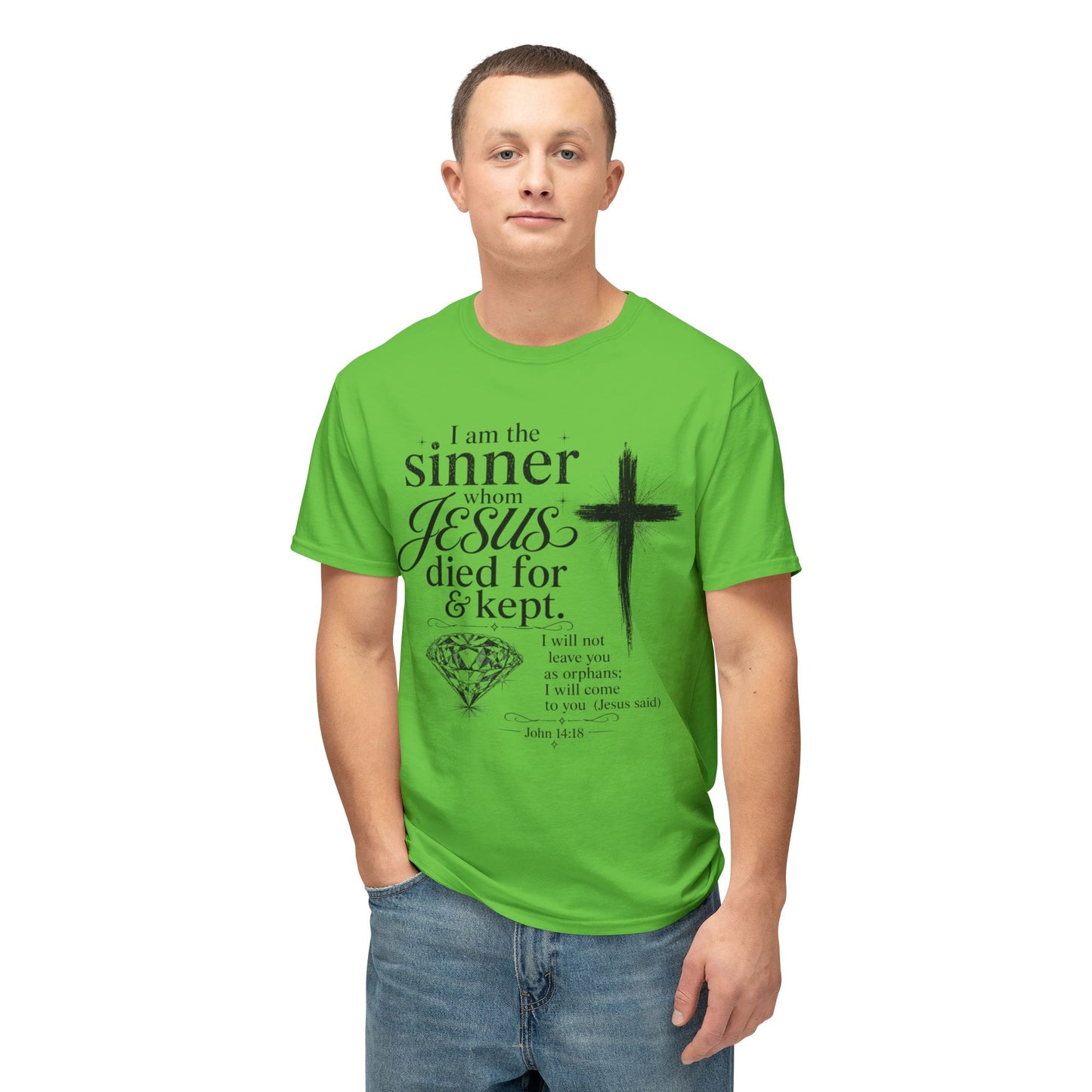 Christian Faith T-Shirt — "I am the sinner whom Jesus died for & kept" Pink Tee