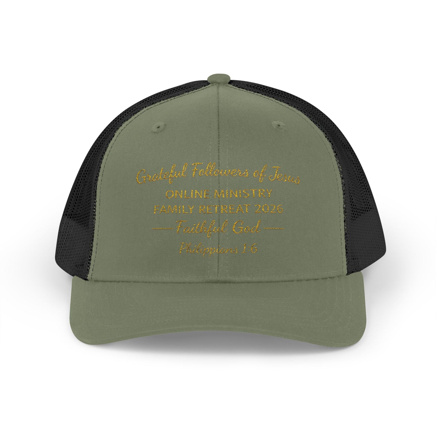 Embroidered Faith Retreat Trucker Cap — 'Faithful God' Family Ministry Snapback