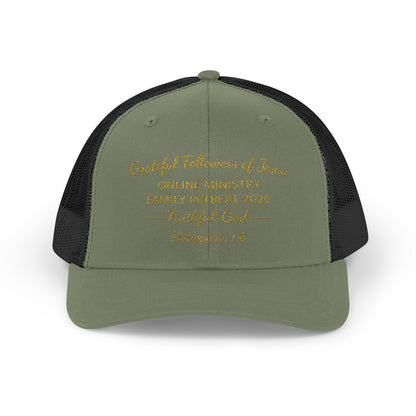 Embroidered Faith Retreat Trucker Cap — 'Faithful God' Family Ministry Snapback