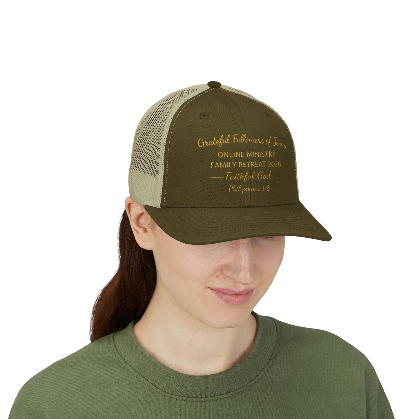 Embroidered Faith Retreat Trucker Cap — 'Faithful God' Family Ministry Snapback
