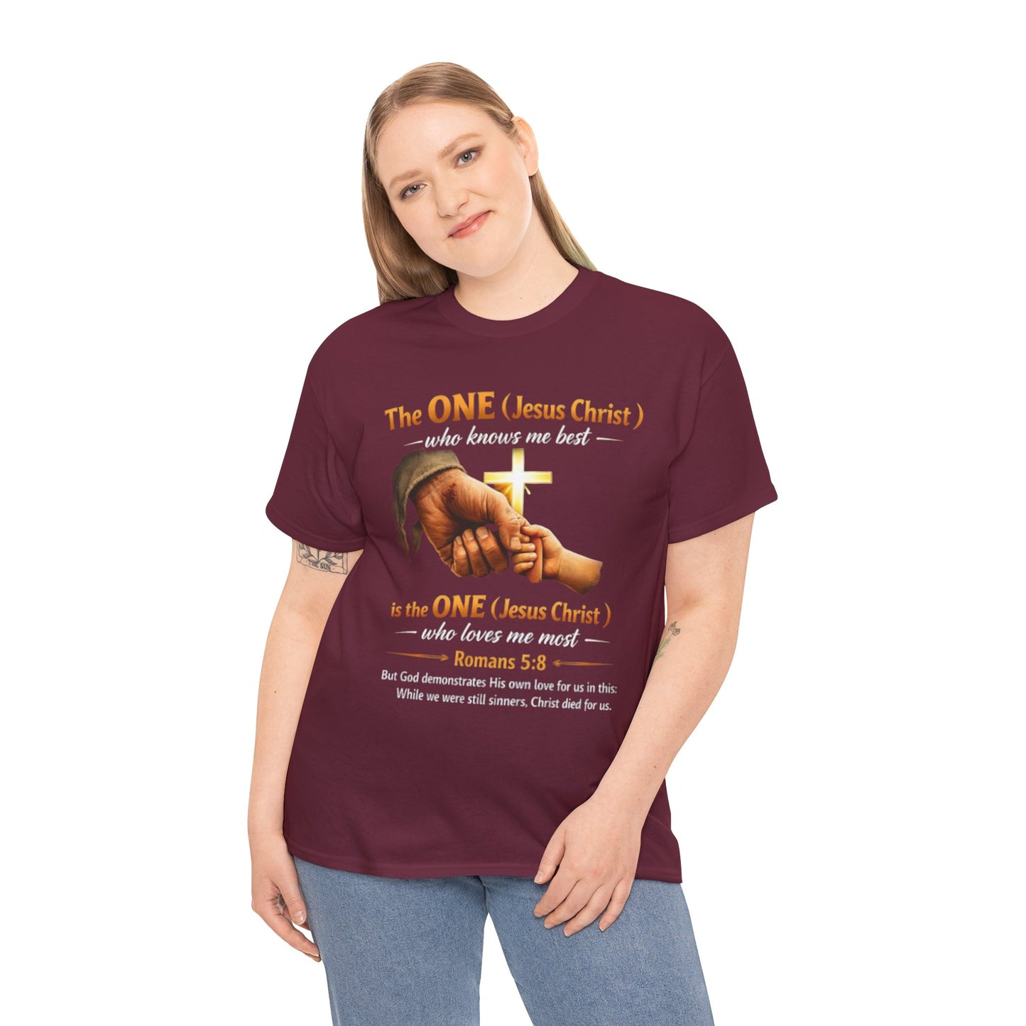 Christian T-Shirt — "The ONE (Jesus Christ)" Cross & Romans 5:8 Inspirational Tee