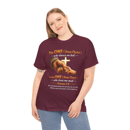 Christian T-Shirt — "The ONE (Jesus Christ)" Cross & Romans 5:8 Inspirational Tee