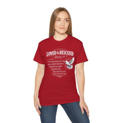 Loved & Rescued Tee — Ephesians 1:13 Christian Dove T‑Shirt