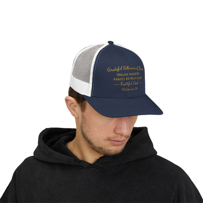 Embroidered Faith Retreat Trucker Cap — 'Faithful God' Family Ministry Snapback