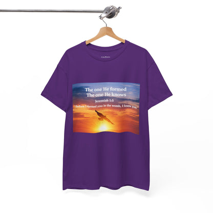 Christian Sunset T-Shirt — "Before I Formed You I Knew You" Scripture Tee