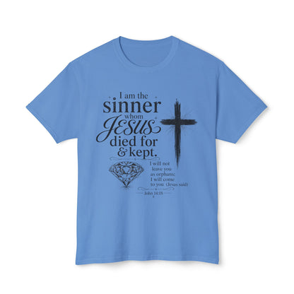 Christian Faith T-Shirt — "I am the sinner whom Jesus died for & kept" Pink Tee