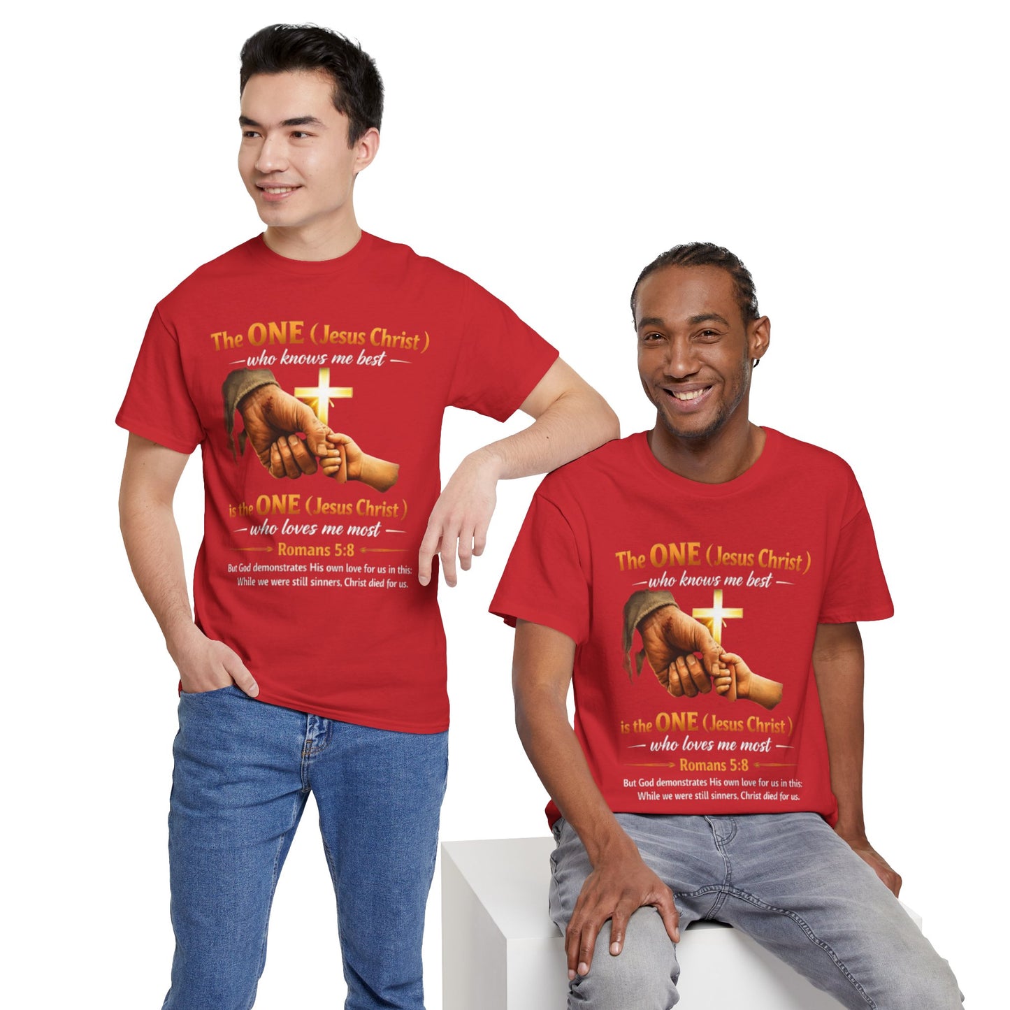 Christian T-Shirt — "The ONE (Jesus Christ)" Cross & Romans 5:8 Inspirational Tee