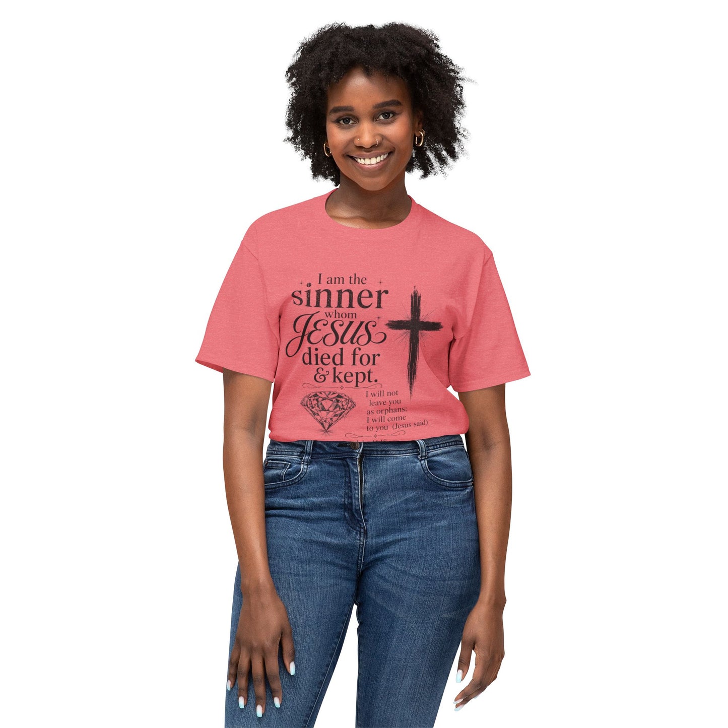 Christian Faith T-Shirt — "I am the sinner whom Jesus died for & kept" Pink Tee