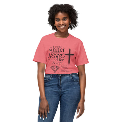 Christian Faith T-Shirt — "I am the sinner whom Jesus died for & kept" Pink Tee