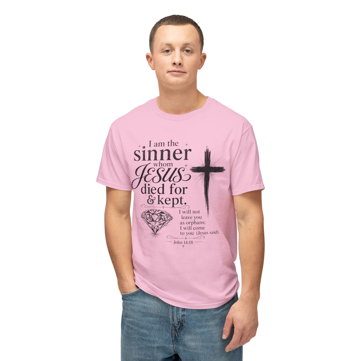 Christian Faith T-Shirt — "I am the sinner whom Jesus died for & kept" Pink Tee