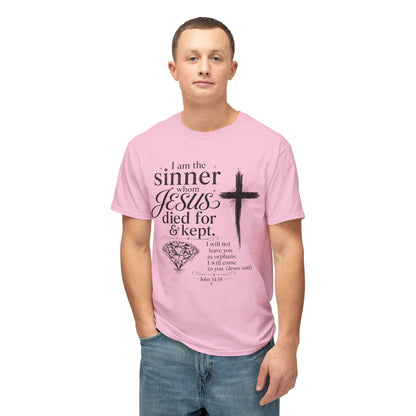 Christian Faith T-Shirt — "I am the sinner whom Jesus died for & kept" Pink Tee
