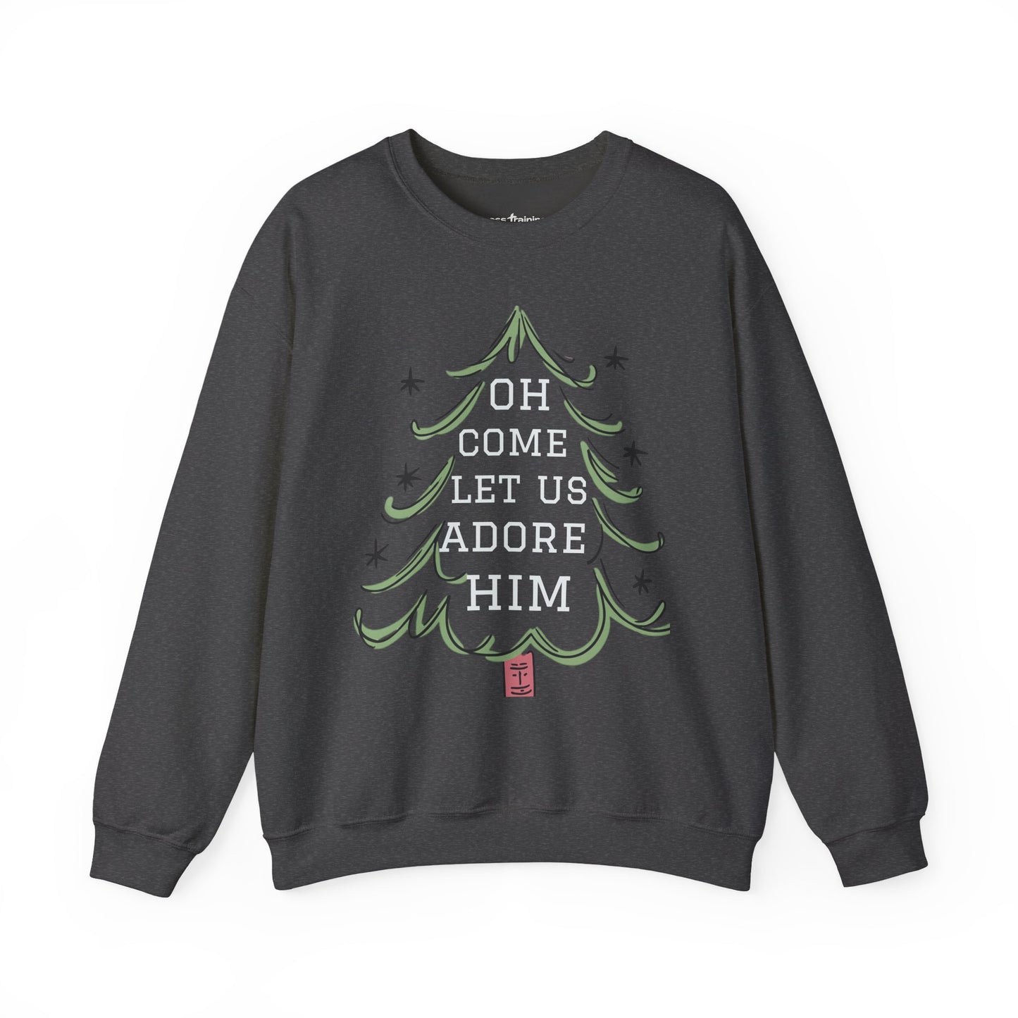 Unisex-Oh Come Let Us Adore Him Sweatshirt — Christmas Tree Nativity Holiday Crewneck