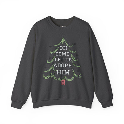 Unisex-Oh Come Let Us Adore Him Sweatshirt — Christmas Tree Nativity Holiday Crewneck