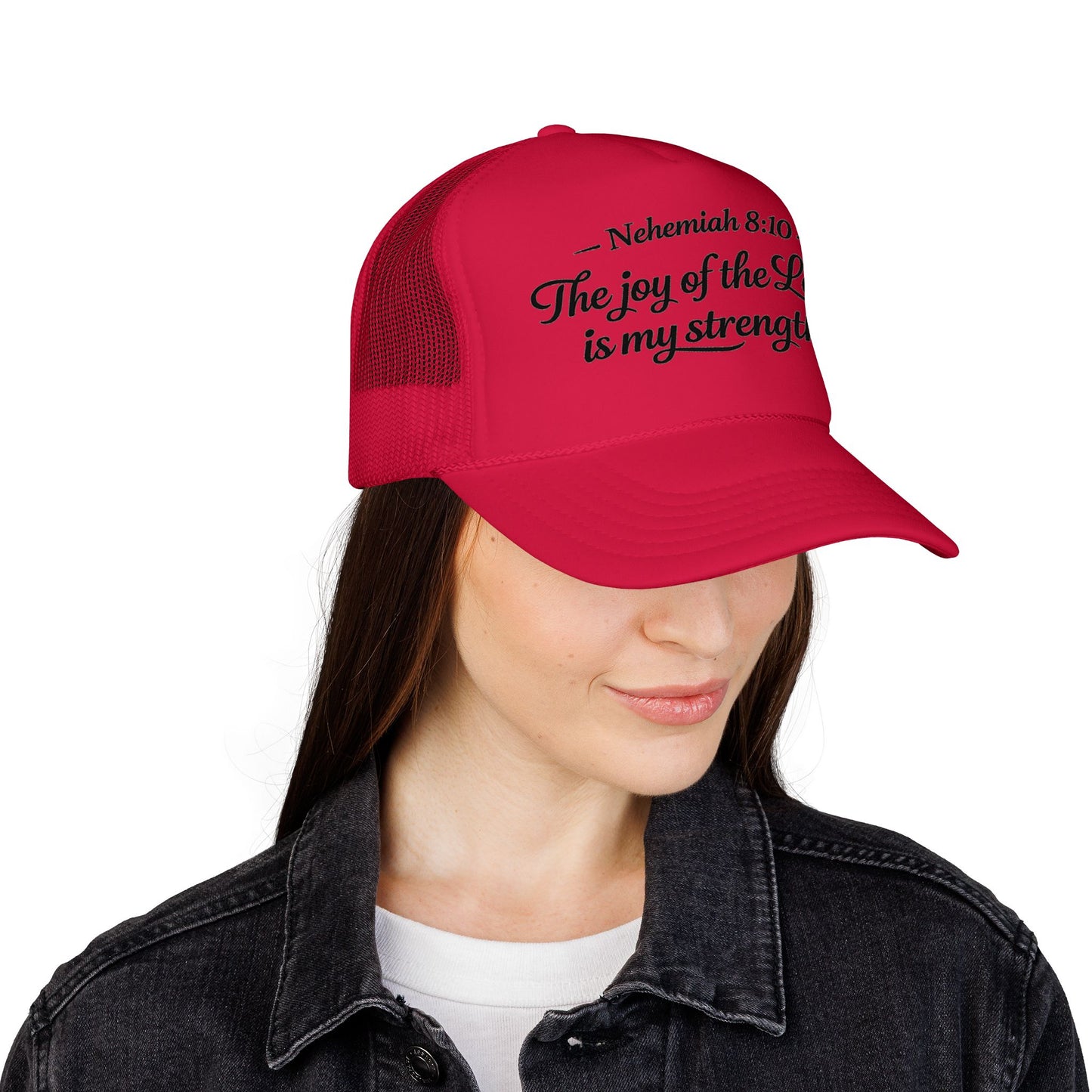 Nehemiah 8:10 Trucker Hat — “The Joy of the Lord Is My Strength” Christian Foam Cap
