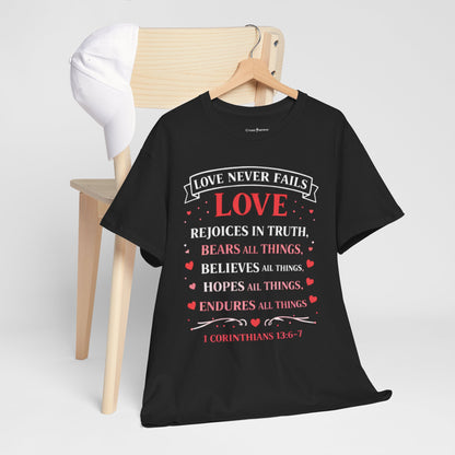 Love Never Fails T-Shirt — 1 Corinthians 13:6-7 Christian Faith Tee