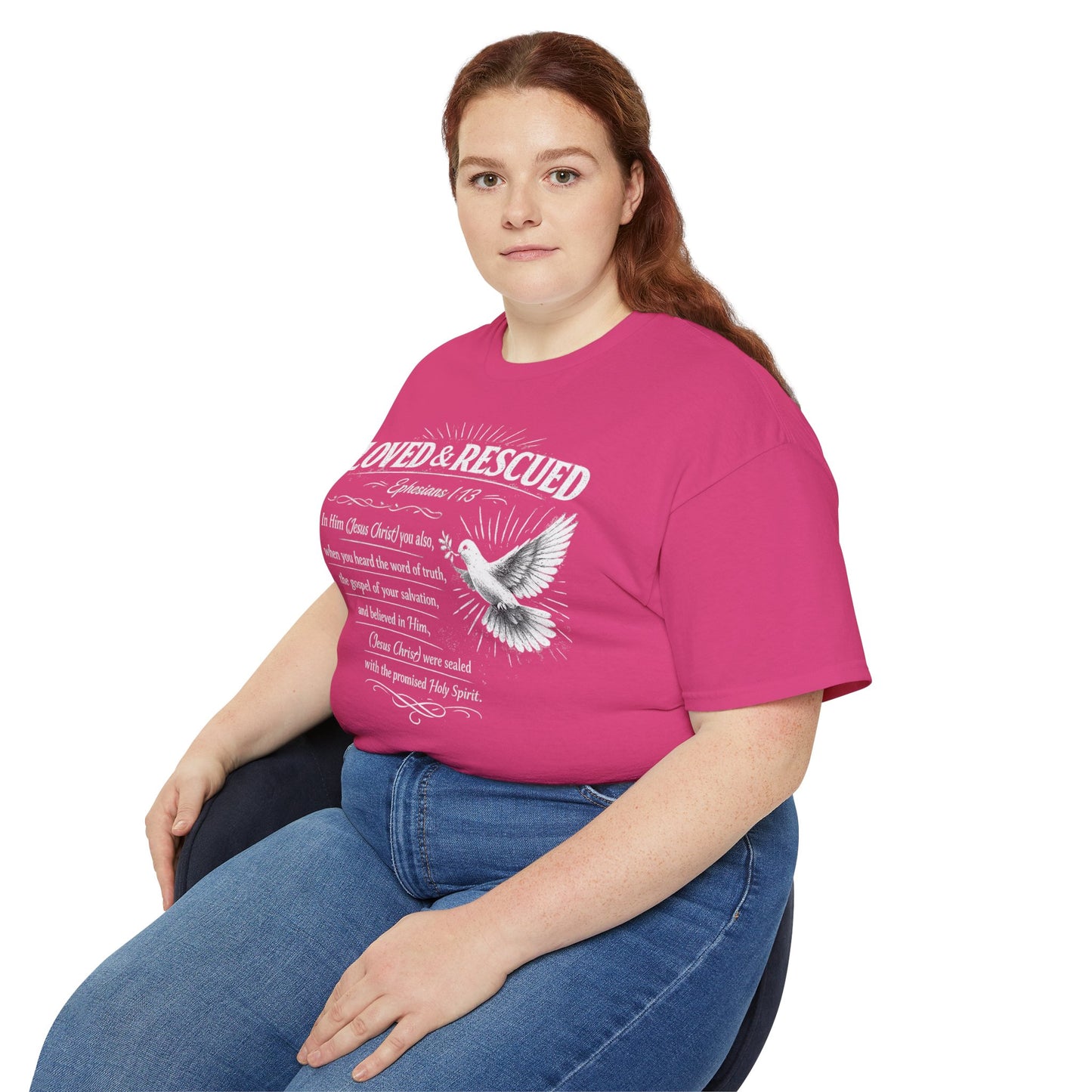 Loved & Rescued Tee — Ephesians 1:13 Christian Dove T‑Shirt