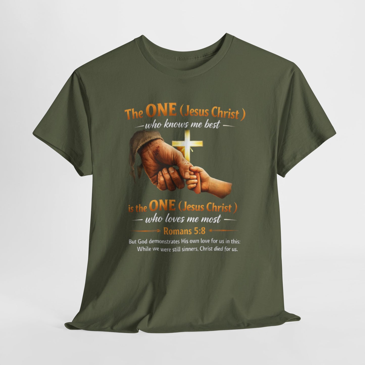 Christian T-Shirt — "The ONE (Jesus Christ)" Cross & Romans 5:8 Inspirational Tee