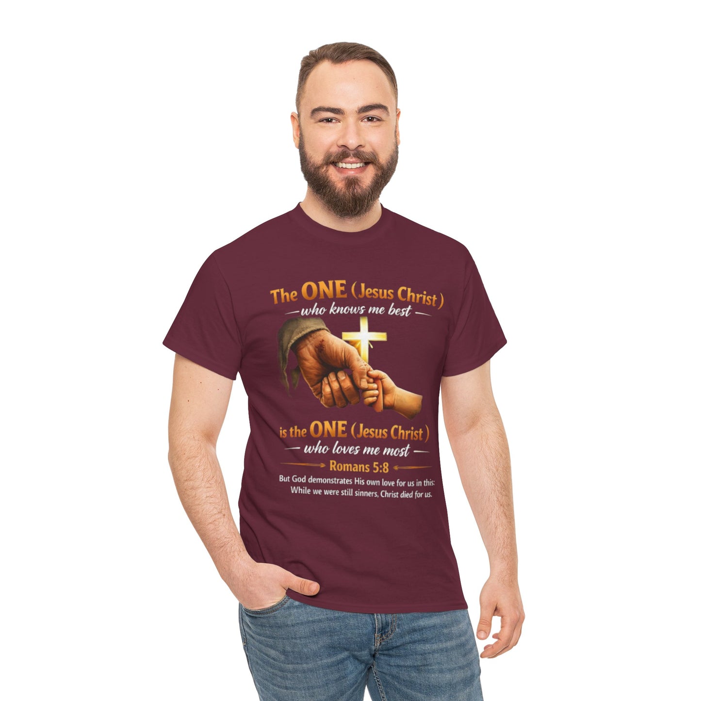 Christian T-Shirt — "The ONE (Jesus Christ)" Cross & Romans 5:8 Inspirational Tee