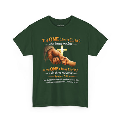 Christian T-Shirt — "The ONE (Jesus Christ)" Cross & Romans 5:8 Inspirational Tee