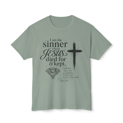 Christian Faith T-Shirt — "I am the sinner whom Jesus died for & kept" Pink Tee