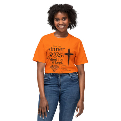 Christian Faith T-Shirt — "I am the sinner whom Jesus died for & kept" Pink Tee